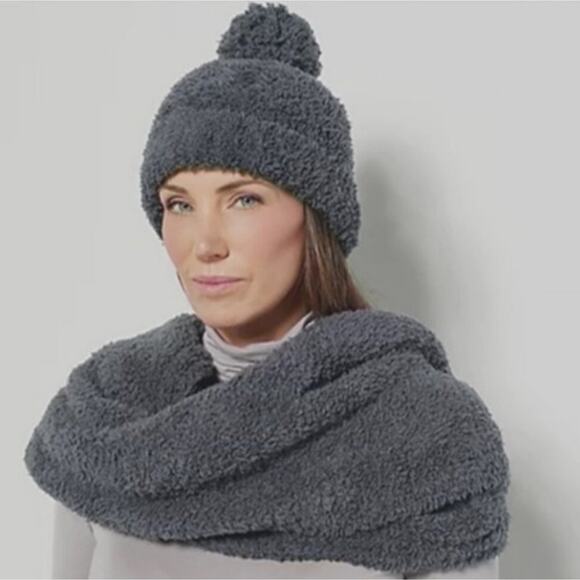 Barefoot Dreams CozyChic Pom Pom Beanie & Oversized Scarf Set Charcoal Gray NWT